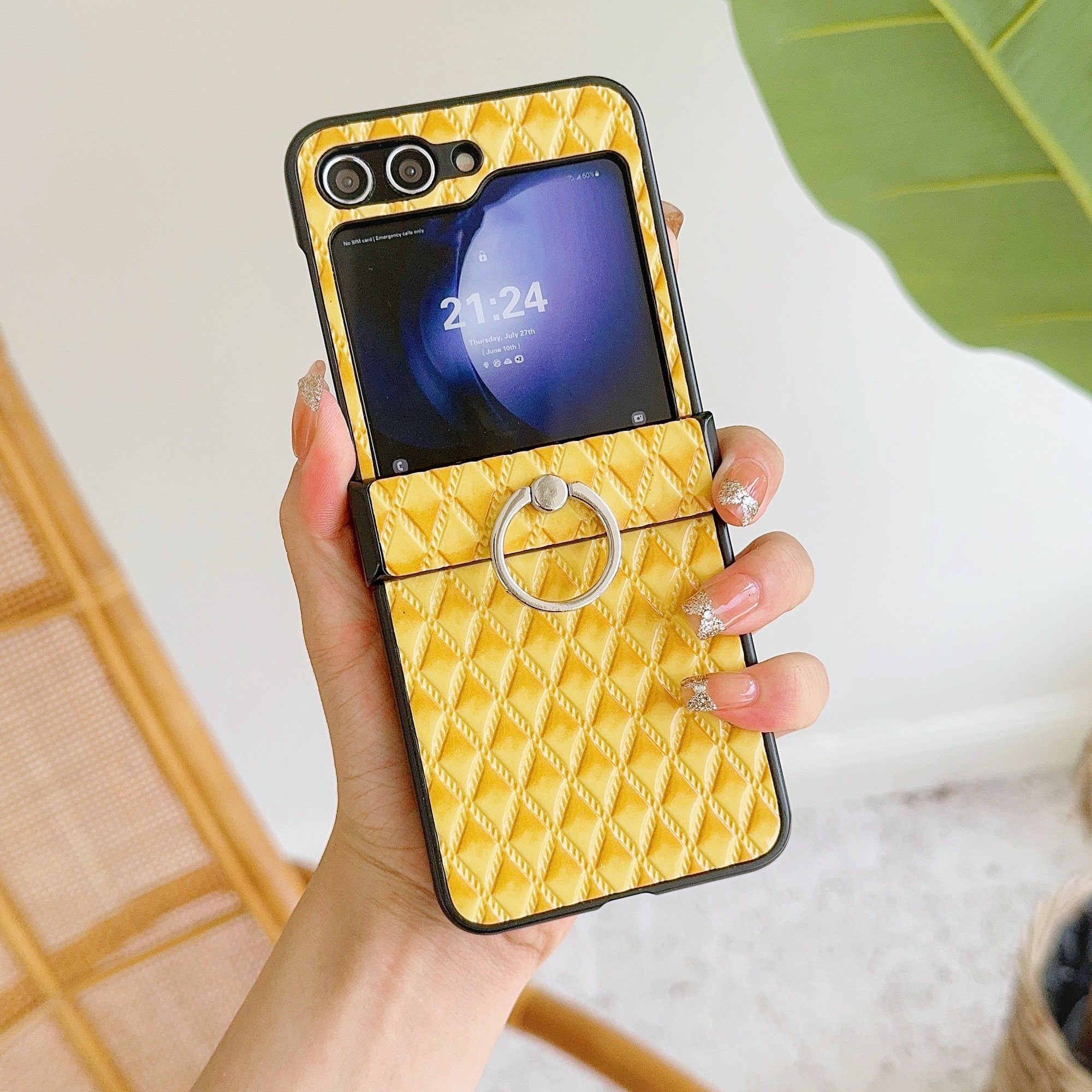 For Samsung Galaxy Z Flip6 5G Rhombus Imprinted PU Leather Coated PC Phone Cover with Ring Kickstand - Yellow For Samsung Galaxy Z Flip6 5G Rhombus Imprinted PU Leather Coated PC Phone Cover with Ring Kickstand - Yellow
